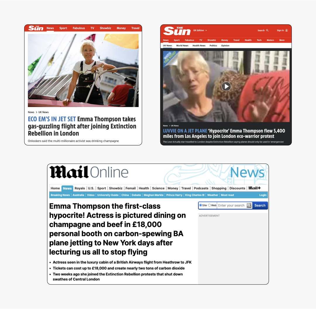 Screenshot of headlines about Emma Thompson flying after attending a Extinction Rebellion protest