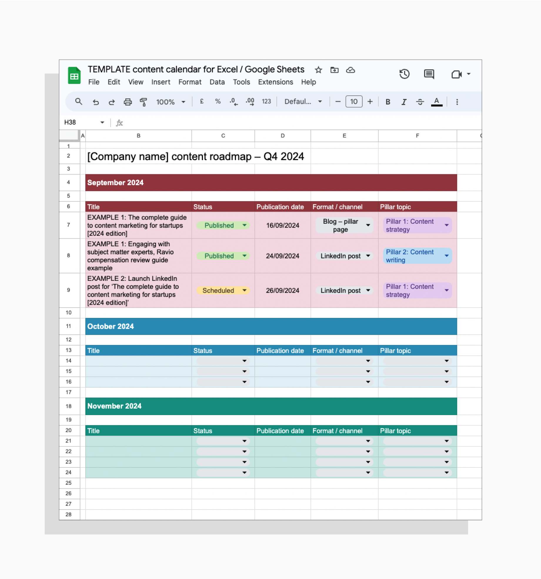 Excel content roadmap example
