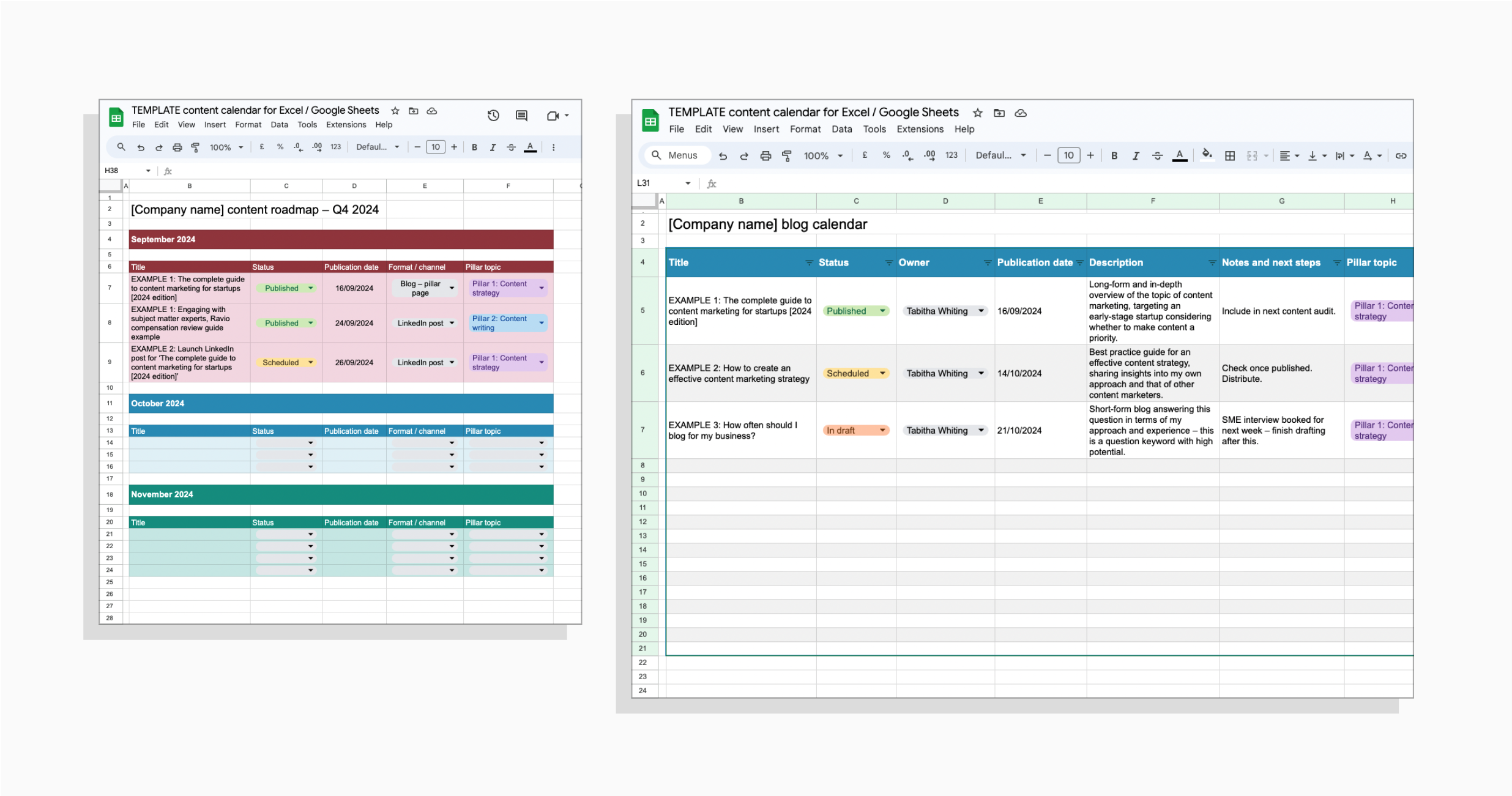 Screenshot of content calendar in google sheets