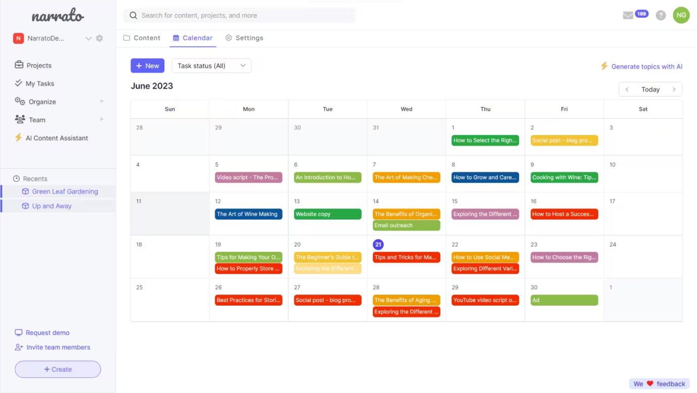 Narrato content calendar example