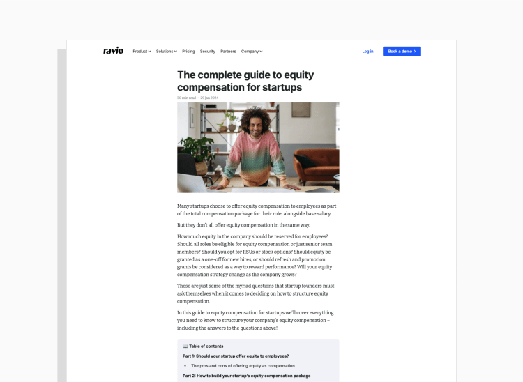 Example of a pillar page: Ravio's complete guide to equity compensation for startups