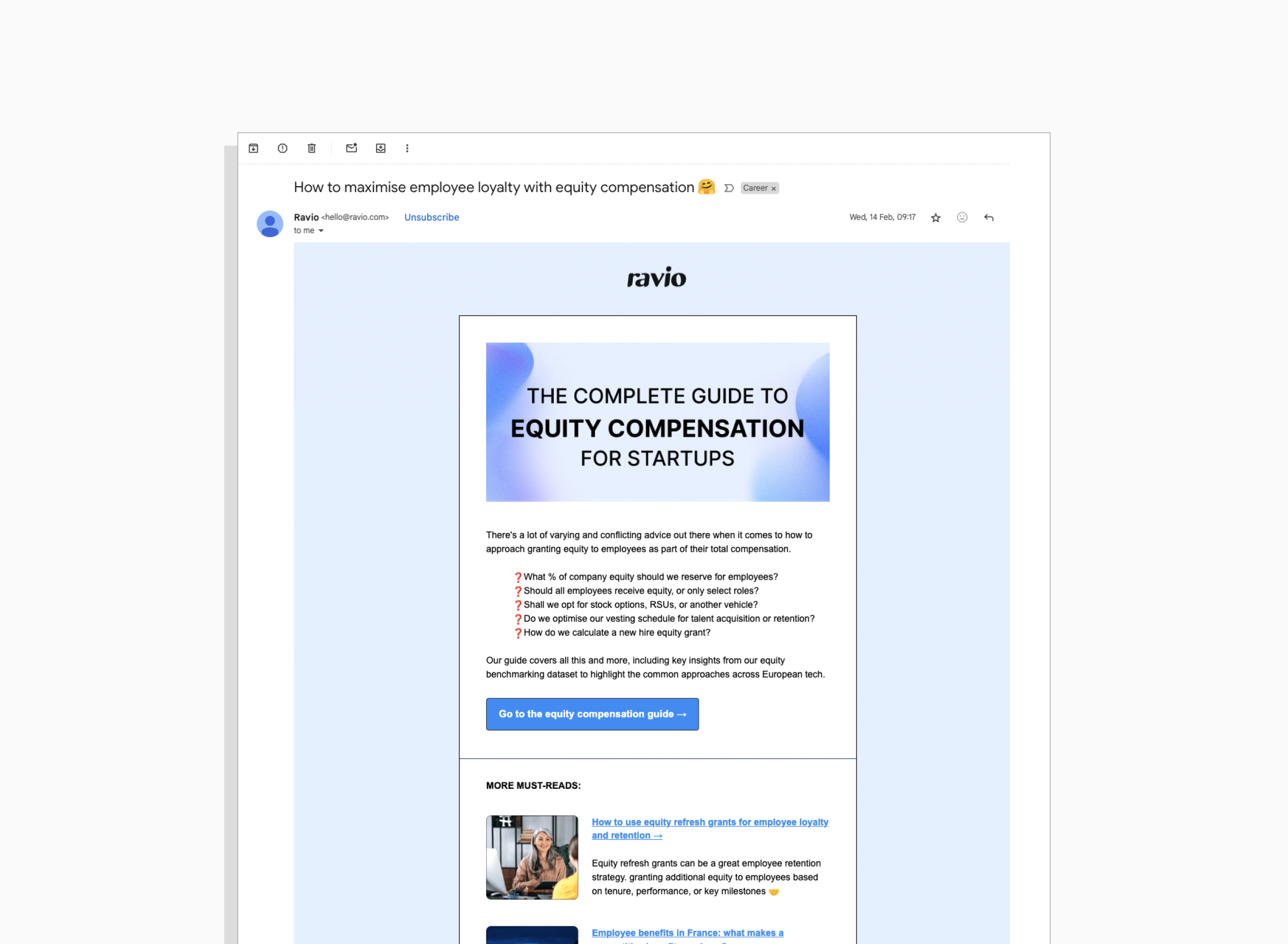 Example of an email newsletter: Ravio's monthly subscriber email
