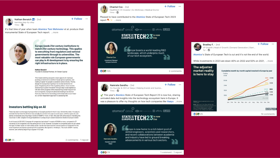 Selection of LinkedIn posts from subject matter experts sharing Atomico's 2023 State of European Tech report – an example of original research content