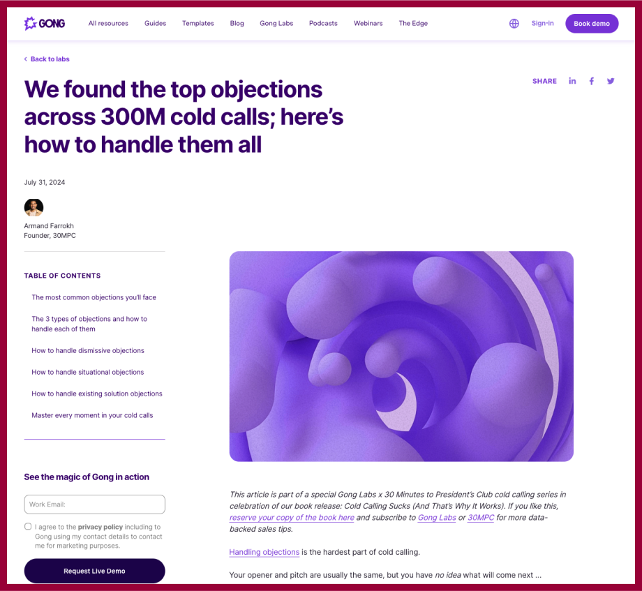Screenshot from a Gong Labs blog – an example of original research content