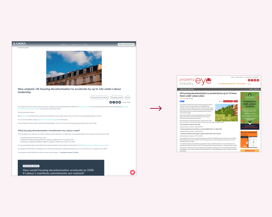 Screenshot of Kamma's press release: UK housing decarbonisation to accelerate up to 14x under new Labour government – an example of original research content