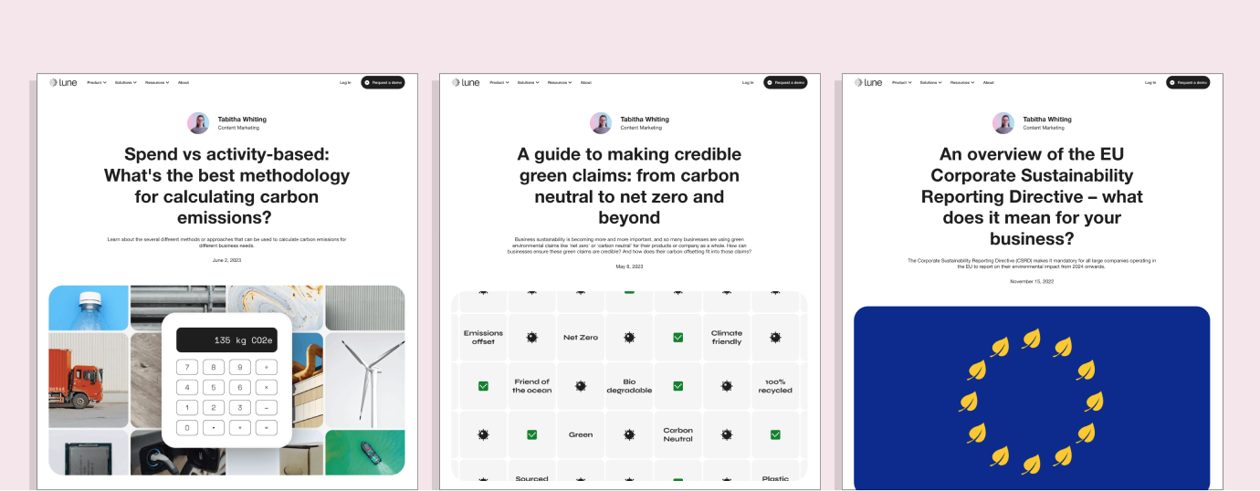 Screenshots of three blogs from the Lune website