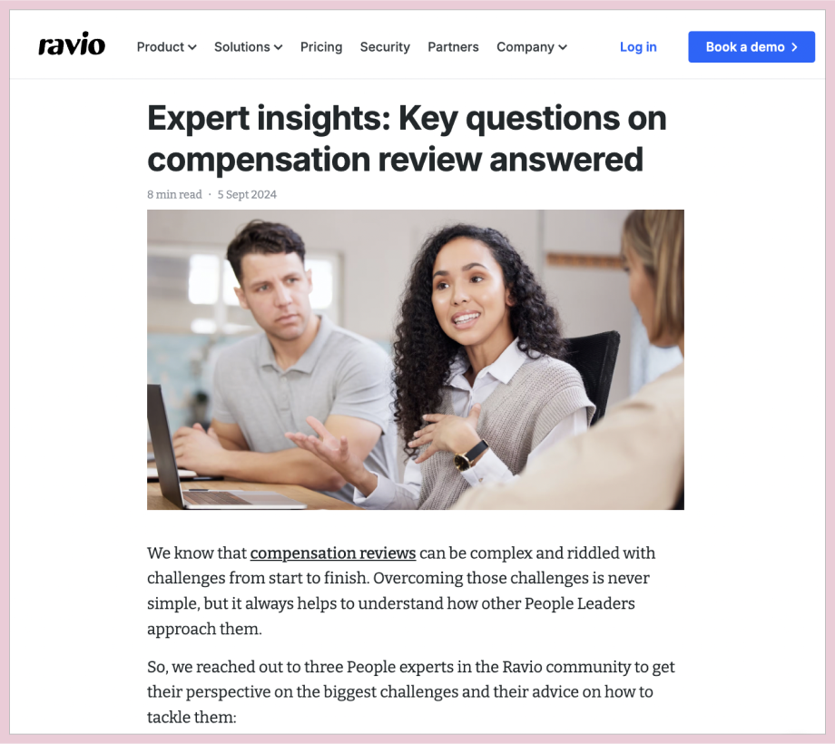 Subject matter expert content example: Ravio's expert insights on compensation reviews