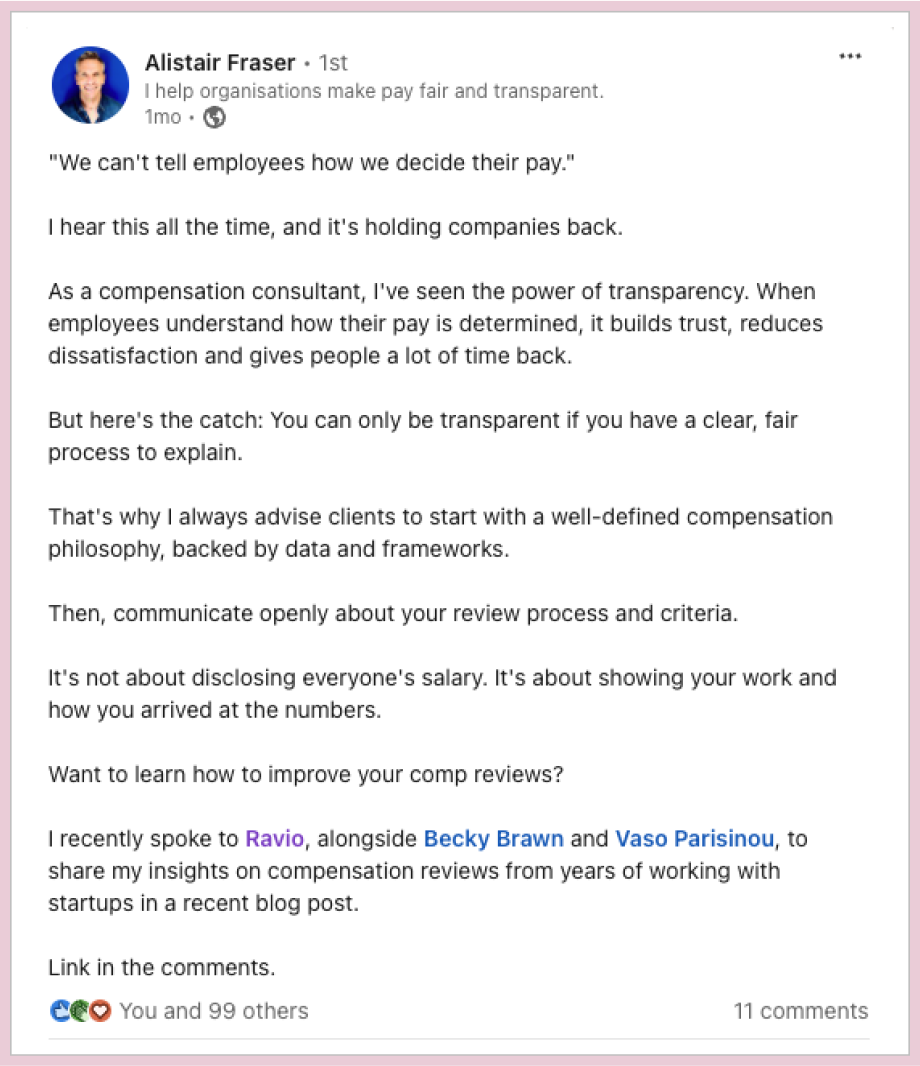 Subject matter expert content example: writing LinkedIn posts for Ravio's compensation experts