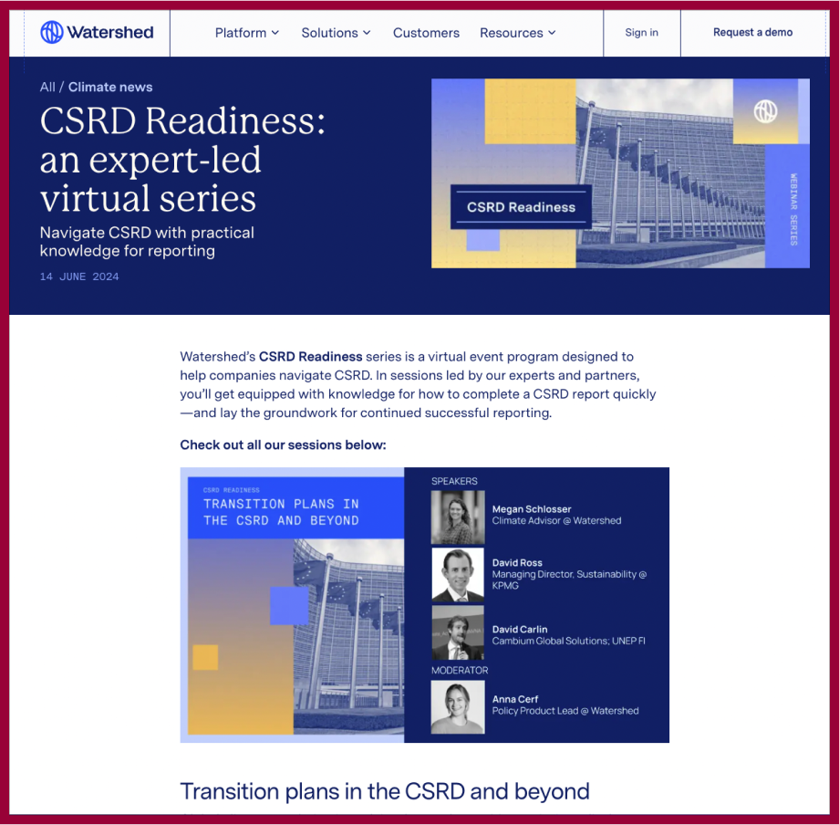 Subject matter expert content example: Watershed's CSRD webinar series