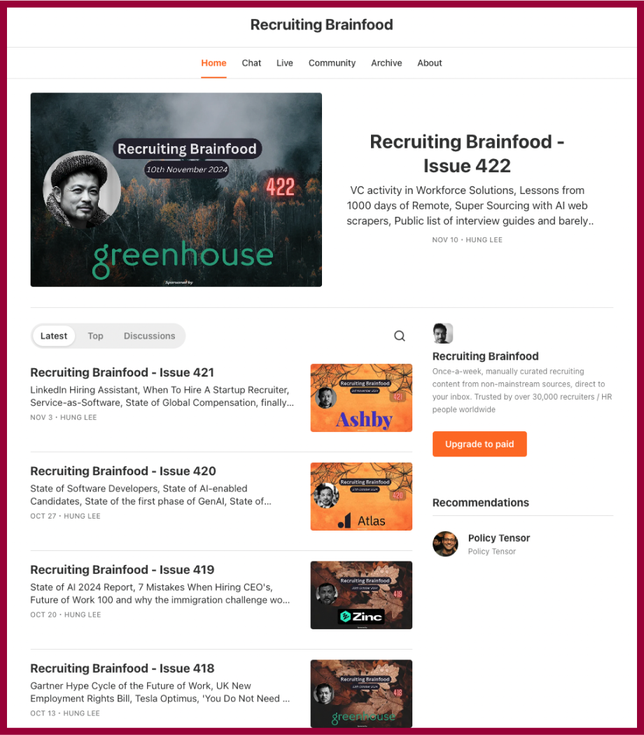 Content repurposing example: Recruiting Brainfood newsletter