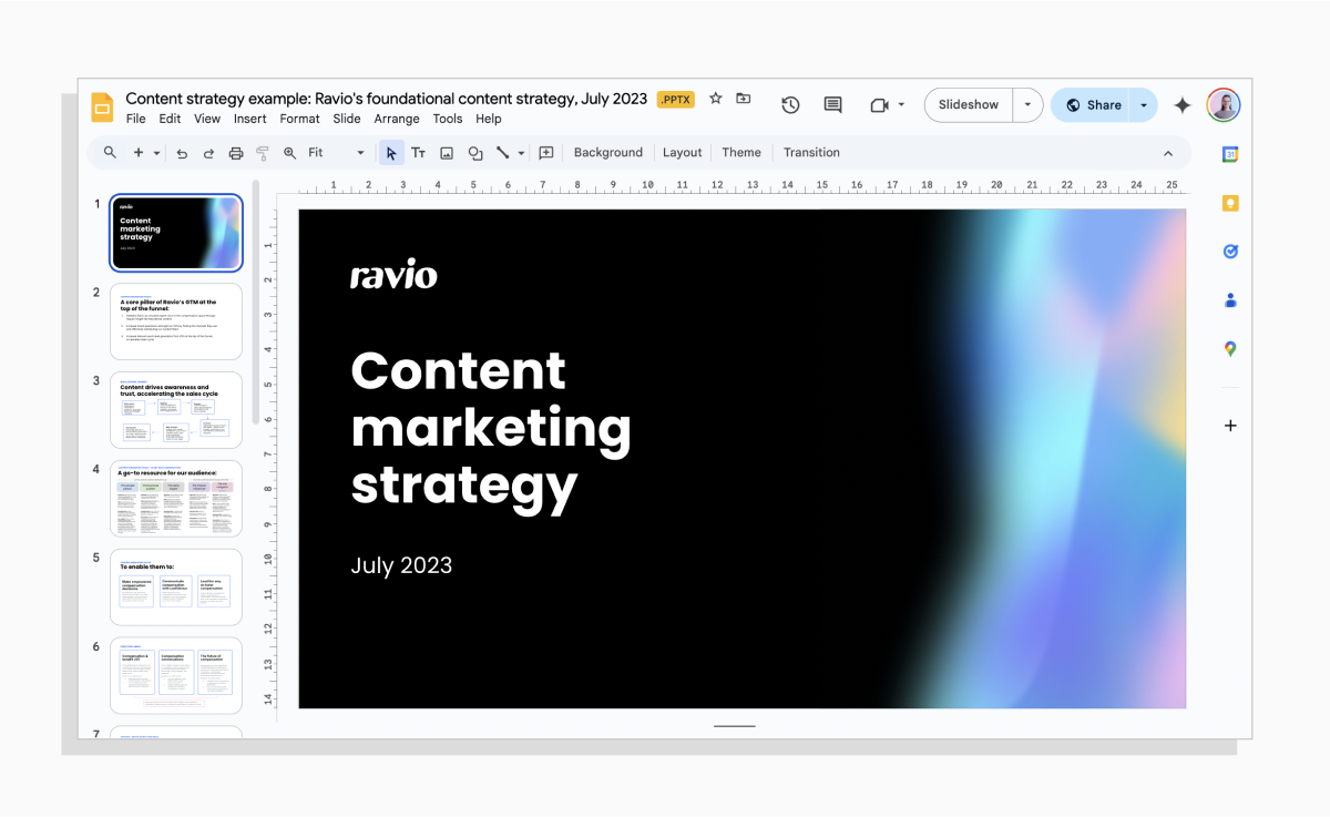 Example content strategy: screenshot of Ravio's 2023 content strategy
