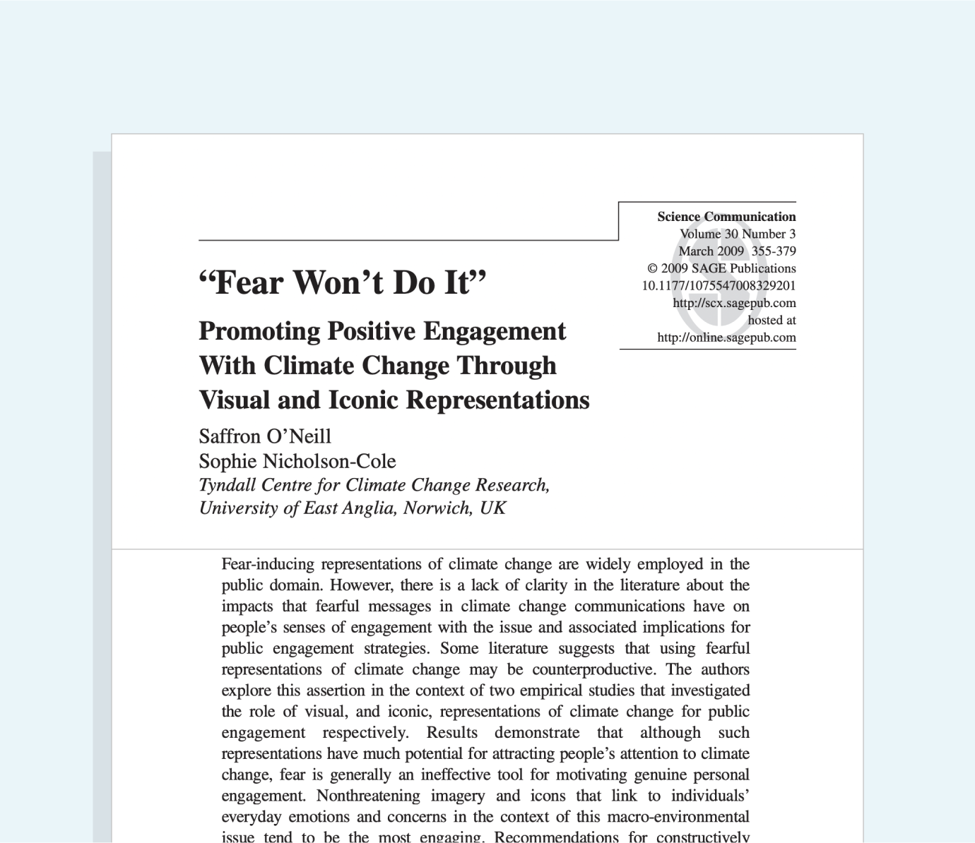 Screenshot of the research paper: Fear Won't Do It for the Tyndall Centre for Climate Research