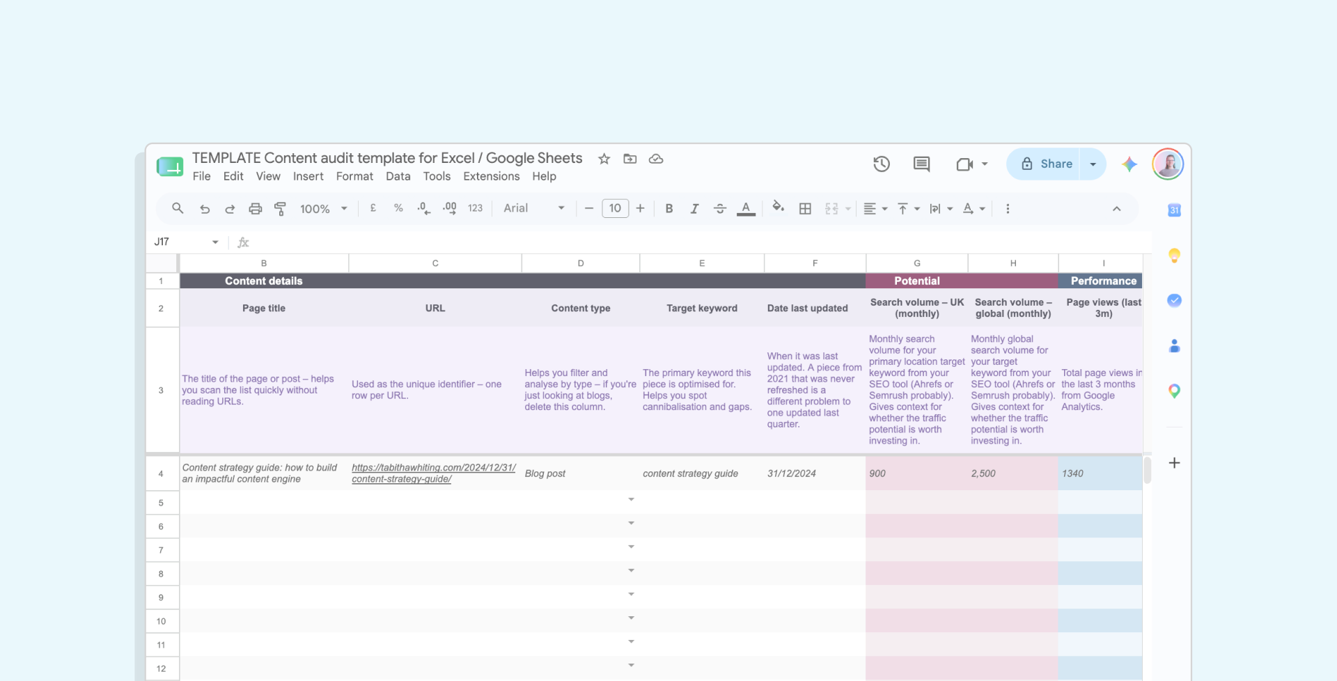 Content audit template for Excel / Google Sheets - free download